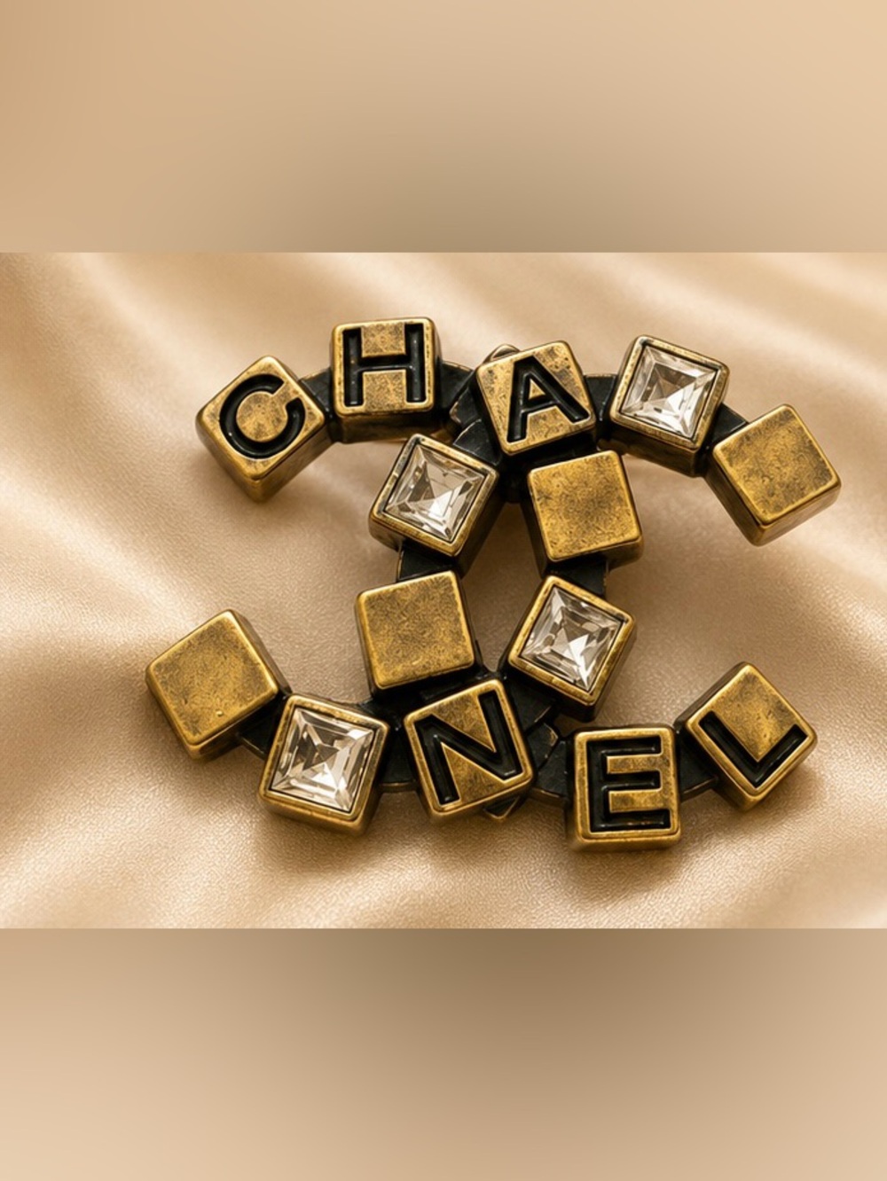 Antique Gold Tone Crystal Statement Brooch Pin – Geometric Letter Design